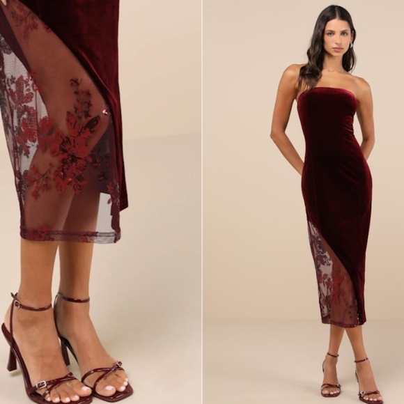 LULUS Sexy Prom Wedding Holiday Elegant Chic Shimmer Velvet Cocktail Midi - Picture 3 of 5